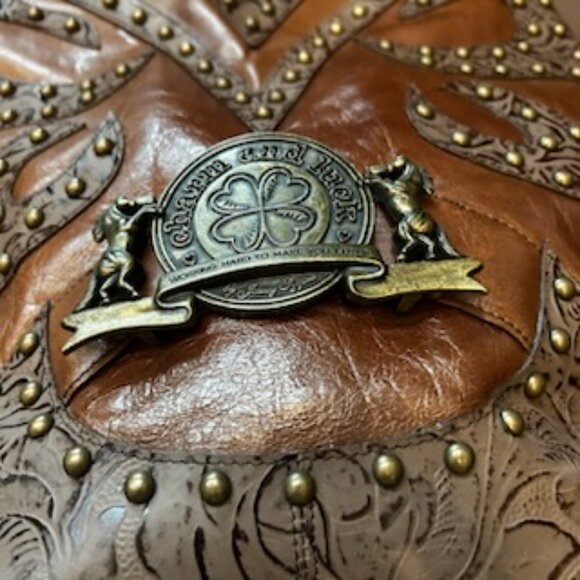 NWOT Charm & Luck Equestrian Style Brown Leather Brass Studded Purse Handbag - Picture 6 of 14
